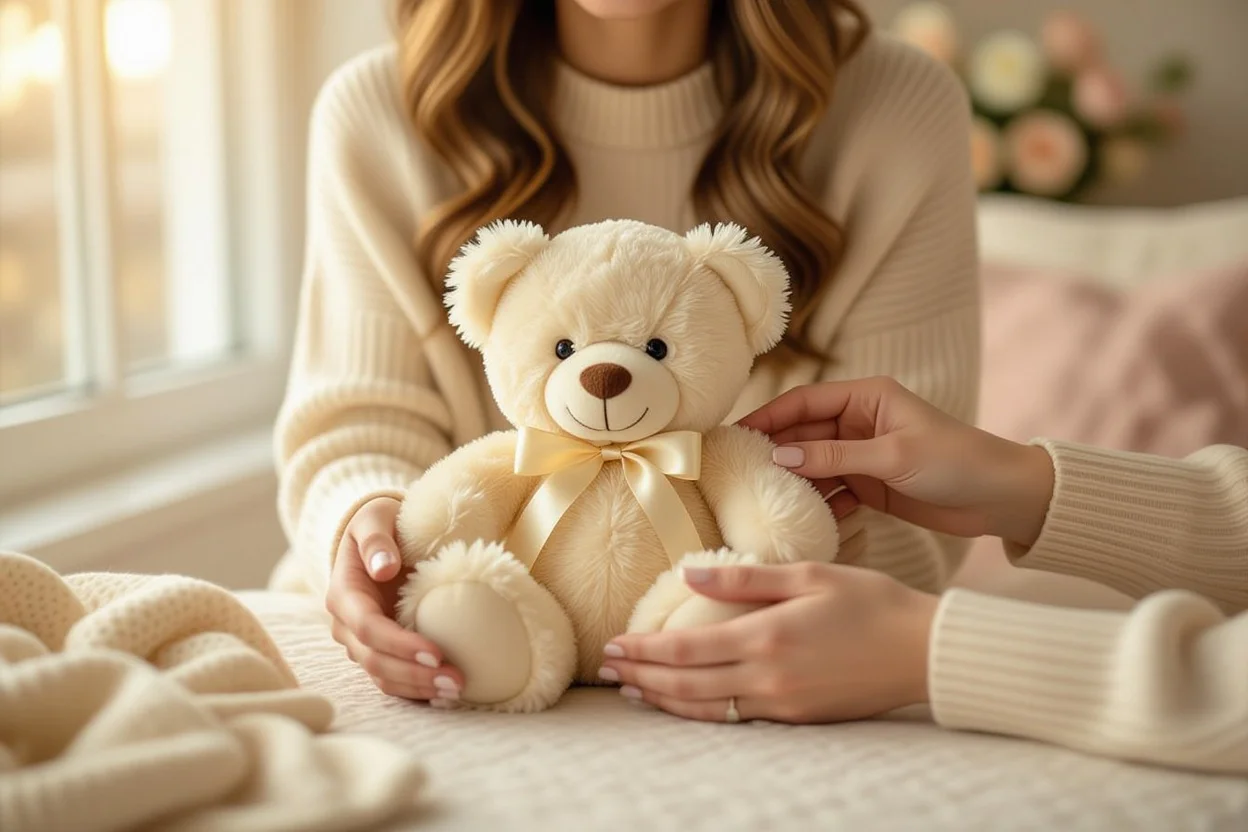 Romantic gift exchange moment with surprise teddy bear and preserved flowers for anniversary or birthday