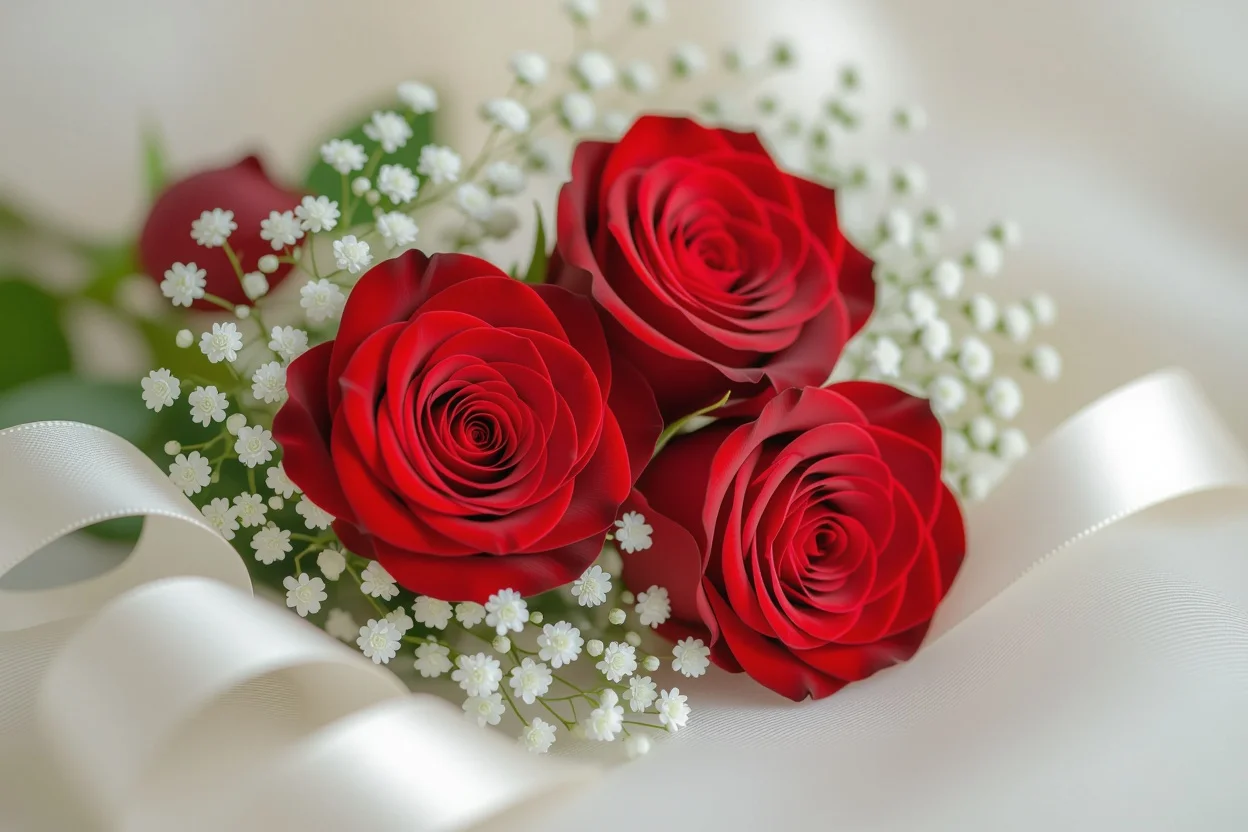 Close-up of preserved red roses and baby's breath flowers - long-lasting romantic gift flowers