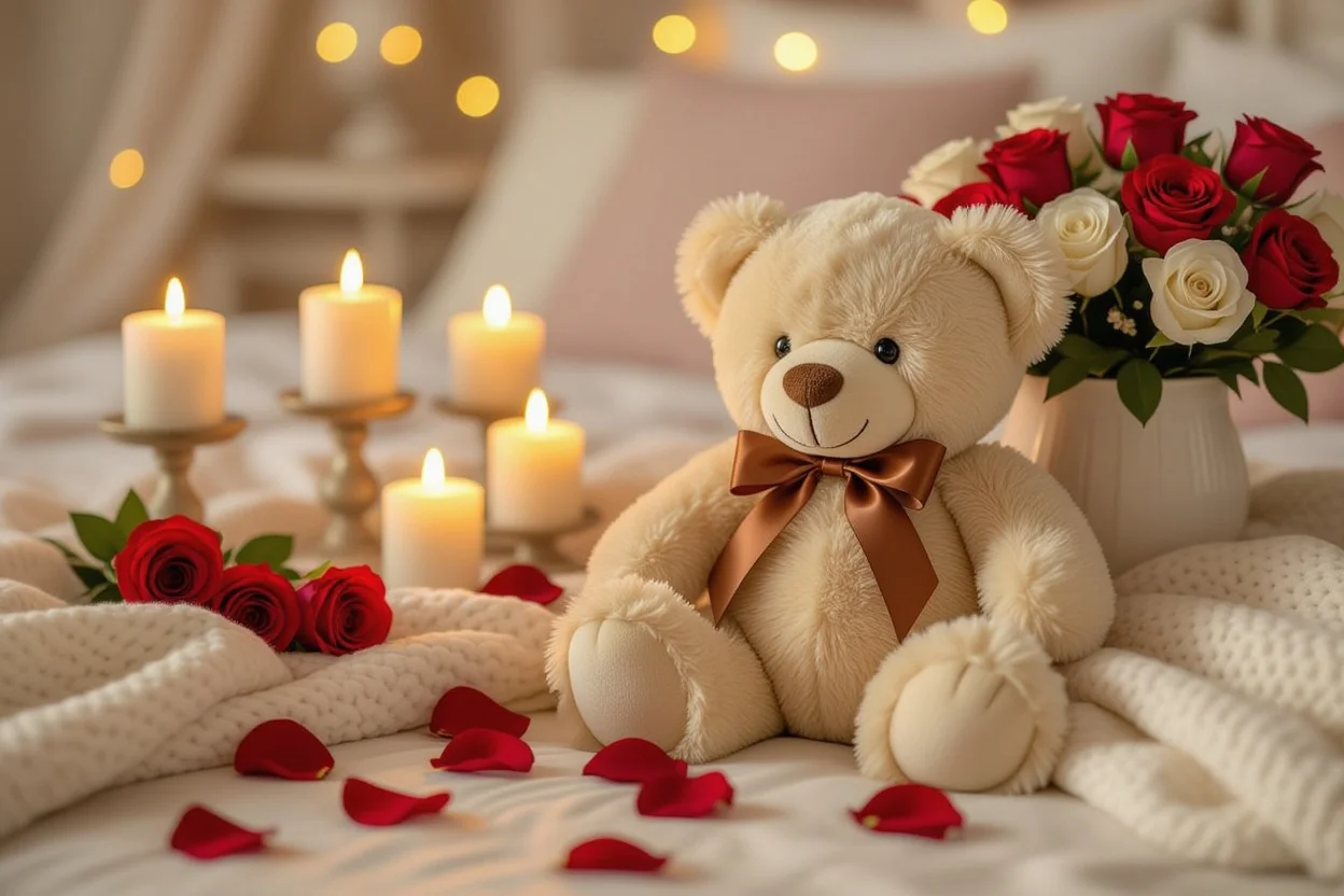 Romantic room setup with surprise teddy bear gift and preserved flowers for special occasions