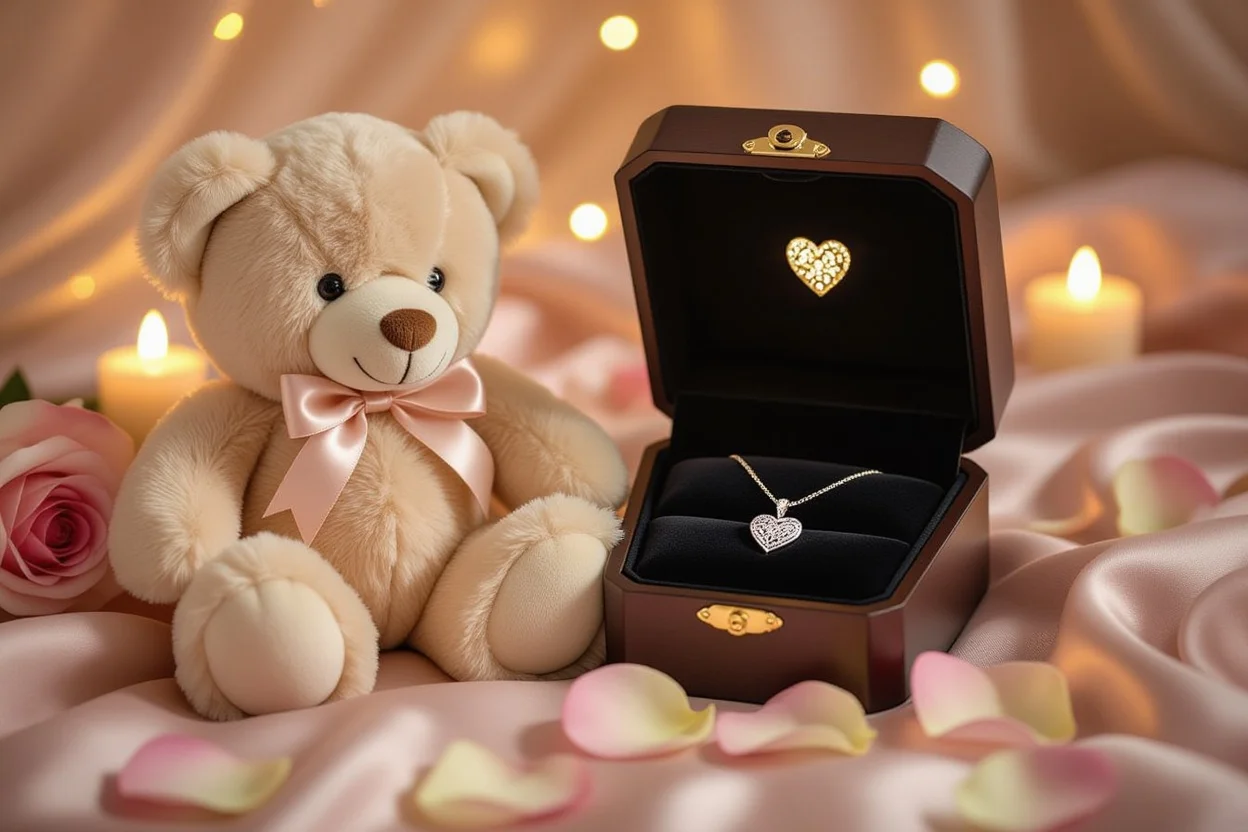 Romantic teddy bear with hidden necklace surprise gift for Valentine's Day