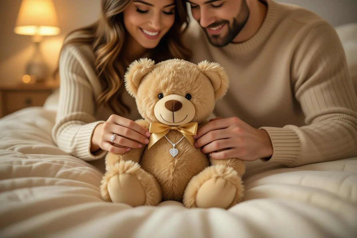 Couple discovering hidden necklace surprise inside romantic teddy bear gift