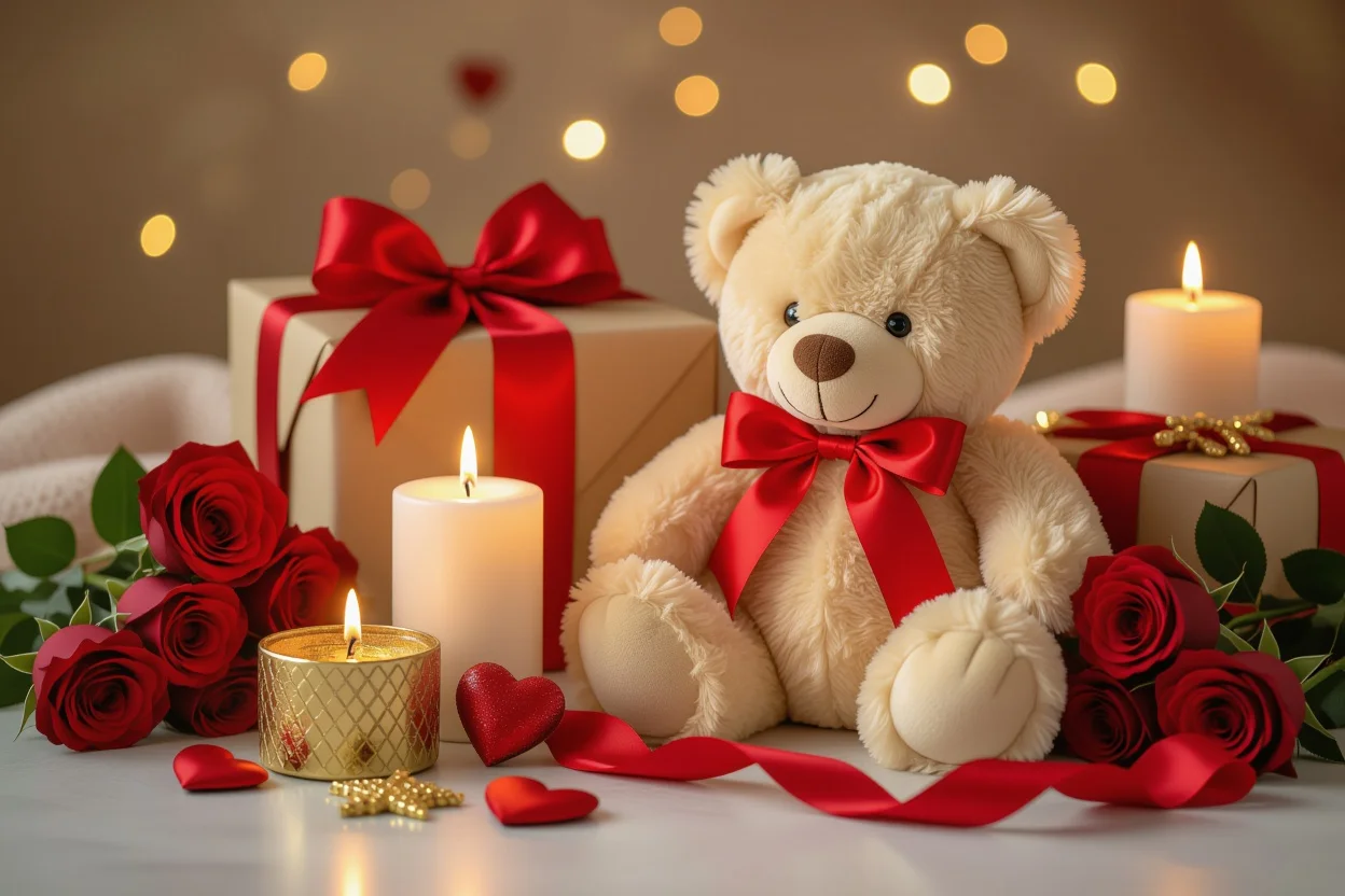 Luxurious romantic gift setup with teddy bear and roses for special occasions