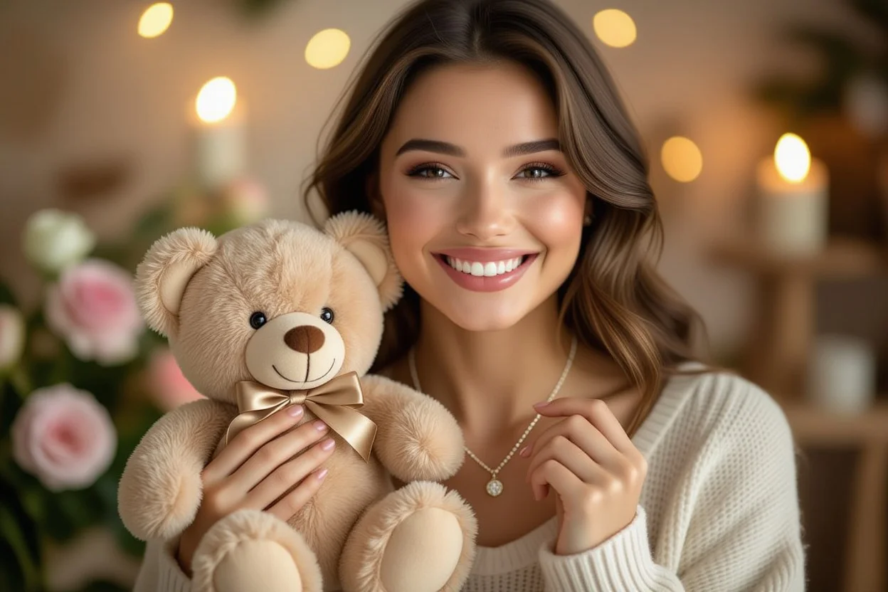 Happy woman receiving surprise teddy bear with hidden necklace romantic gift