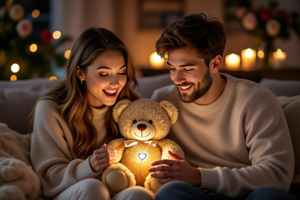 Couple sharing romantic surprise teddy bear gift moment for relationship apology
