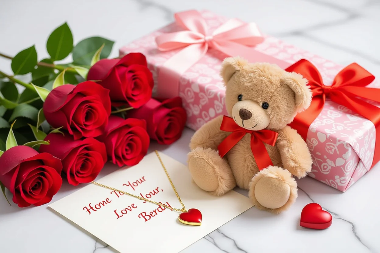Romantic gift set with teddy bear, hidden necklace, roses and love letter for Valentine's Day