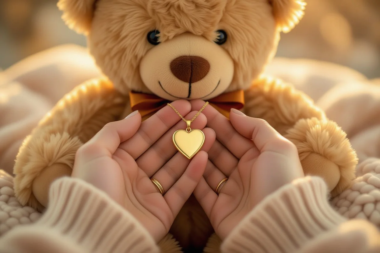 Woman holding heart necklace from romantic teddy bear surprise gift for apology and love