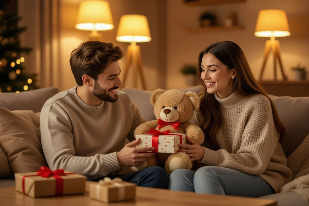 Couple exchanging romantic teddy bear gift in cozy living room setting
