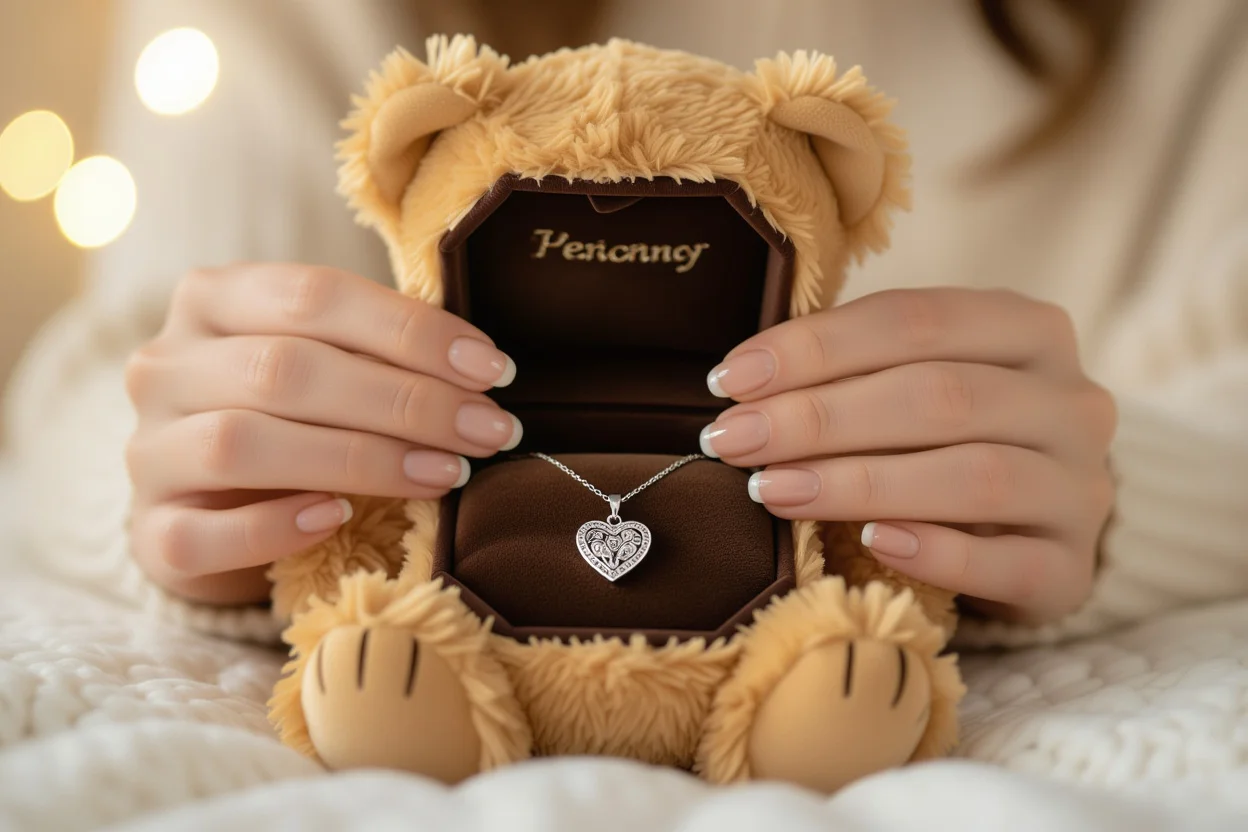 Hands discovering hidden necklace surprise inside teddy bear romantic gift