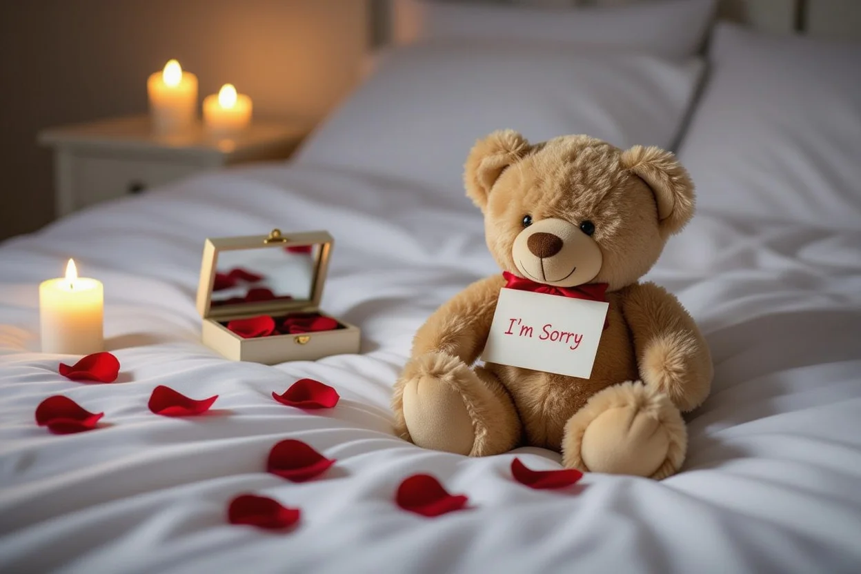 Romantic apology setup with teddy bear gift and rose petals on bed