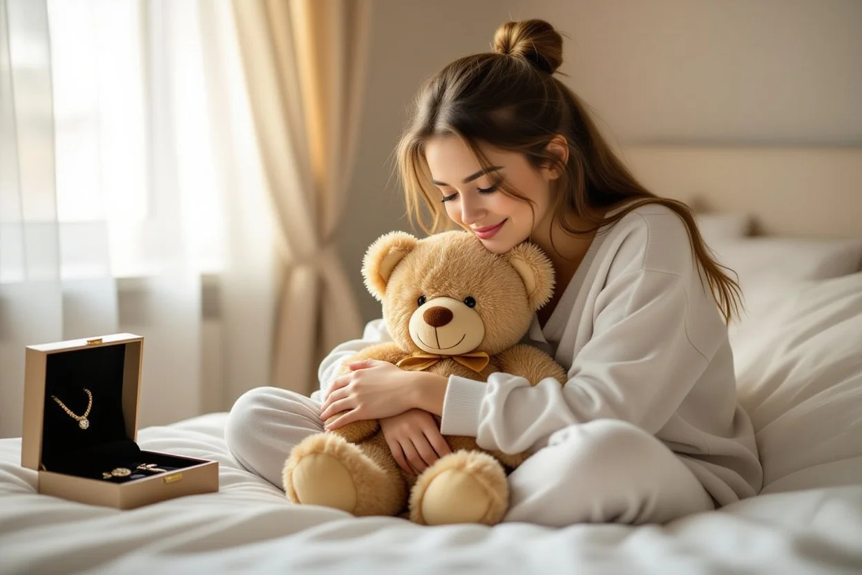 Woman hugging teddy bear gift while expensive jewelry sits nearby, showing emotional value over material worth