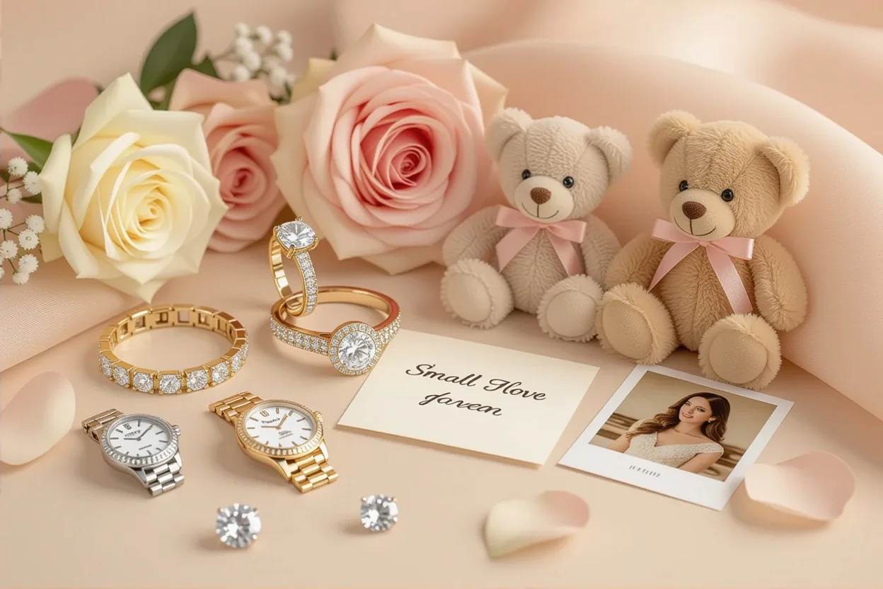 Flat lay comparison of expensive jewelry versus meaningful simple gifts like teddy bears and love notes