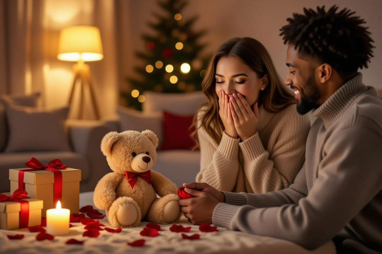 Romantic surprise gift moment with man giving teddy bear to delighted girlfriend on Valentine's Day