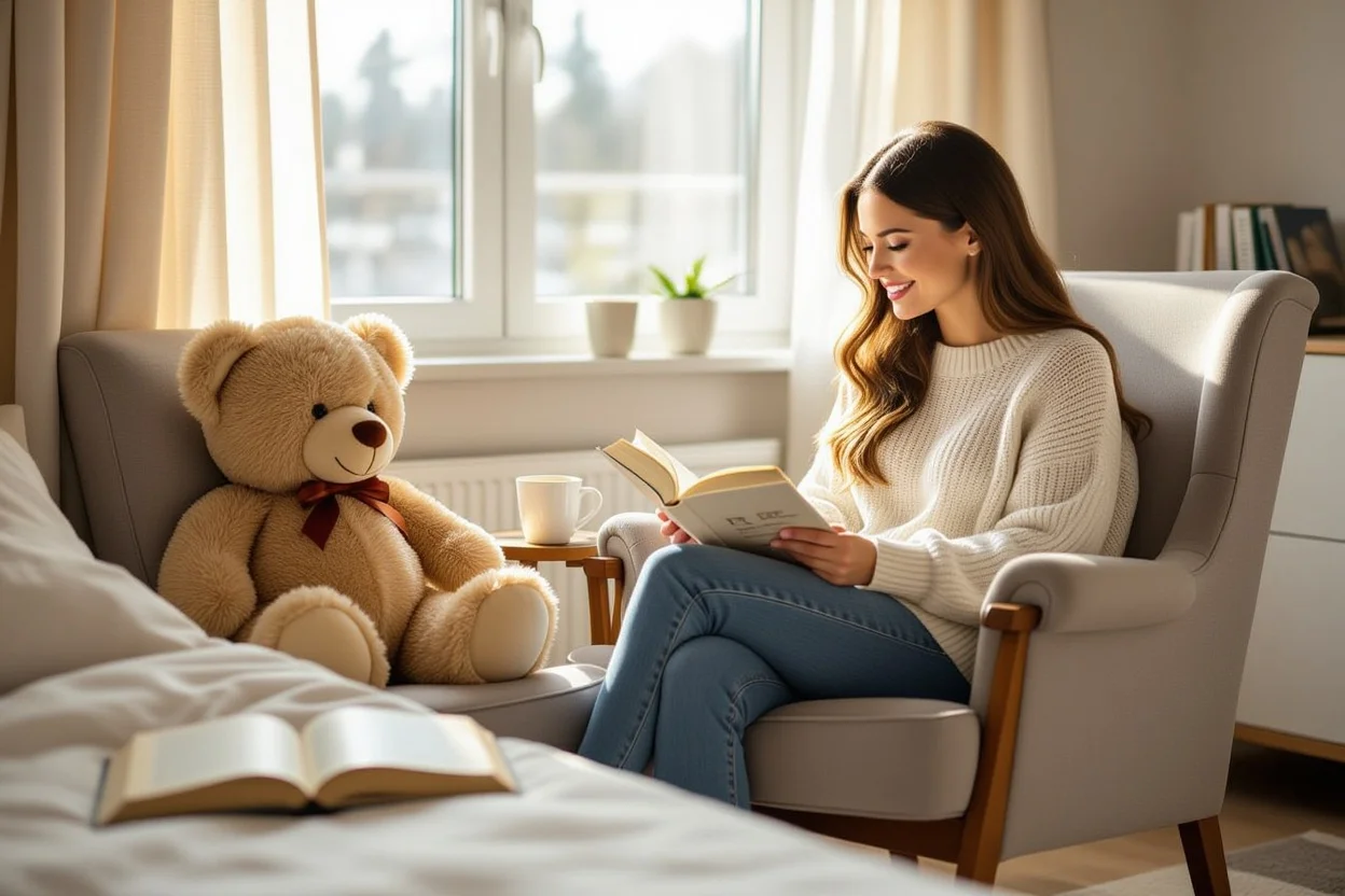 Teddy bear gift integrated into daily life routine, sitting on reading chair in sunny bedroom
