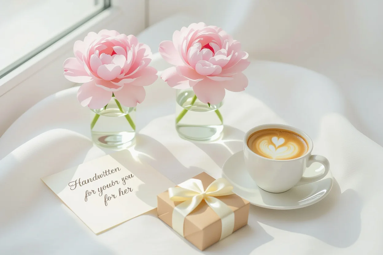 Thoughtful small gifts for her including handwritten note, fresh flower, and coffee on white linen background