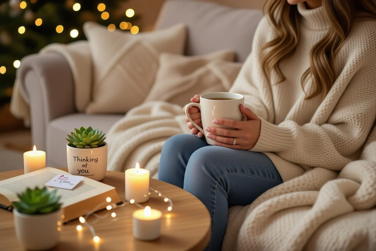 Cozy romantic evening scene with woman holding coffee mug surrounded by small thoughtful gifts and warm lighting