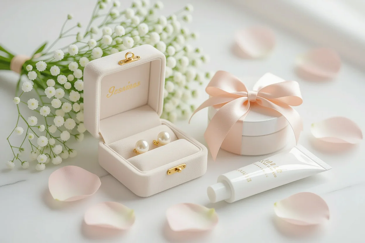 Elegant small romantic gifts including pearl earrings, mini bouquet, and luxury hand cream on marble surface