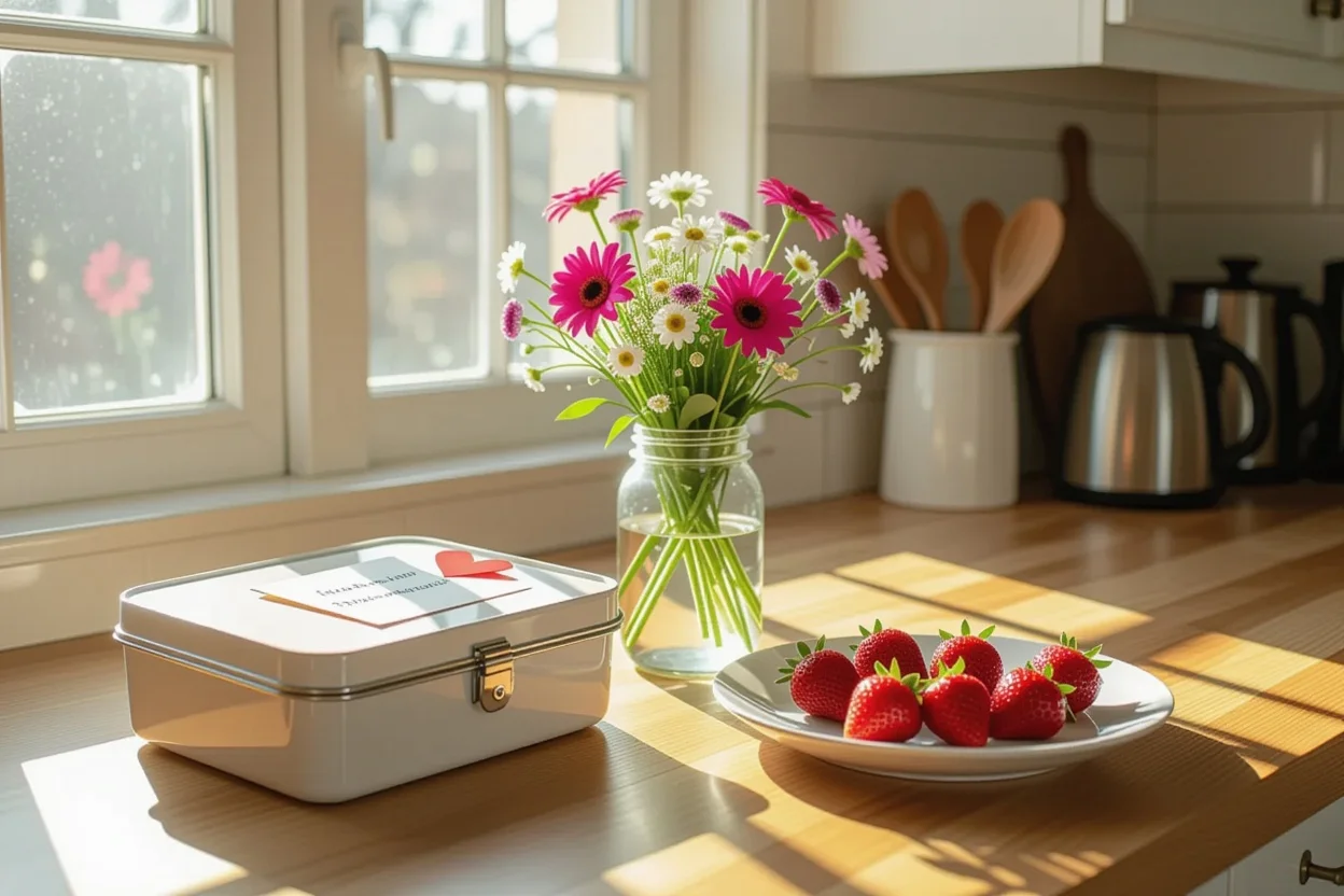 Kitchen scene showing everyday romantic gestures like packed lunch with love note and simple flower arrangement