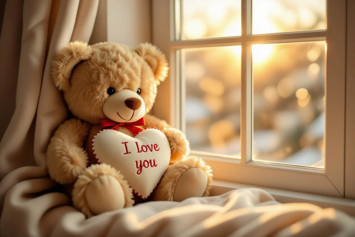 Romantic teddy bear with I love you heart pillow in sunlit window for daily affection gifts