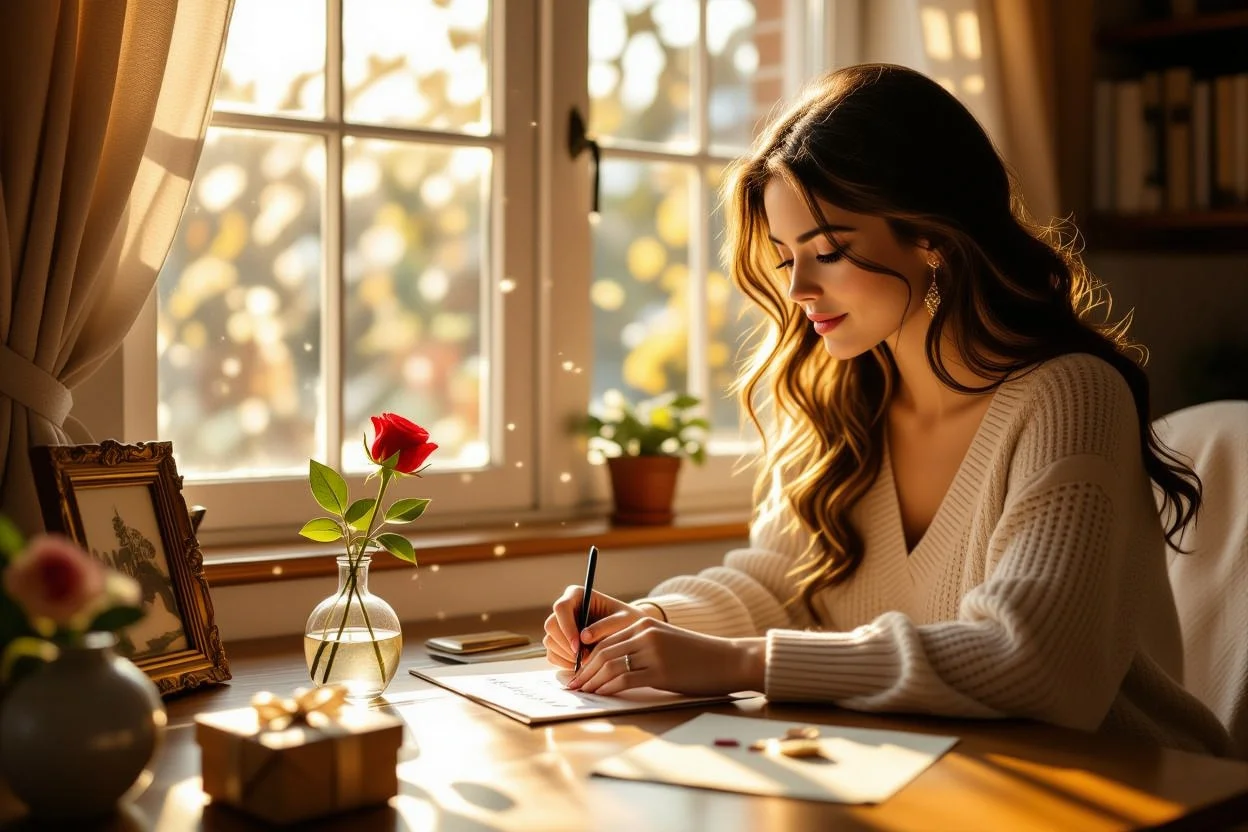 Woman at desk with small romantic gifts and flowers in afternoon sunlight showing everyday affection