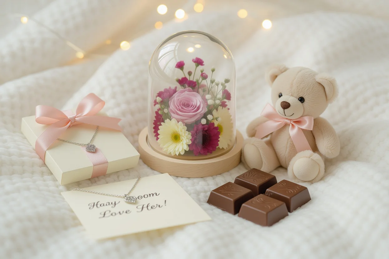 Flat lay of small romantic gifts including jewelry preserved flowers and love notes for everyday affection