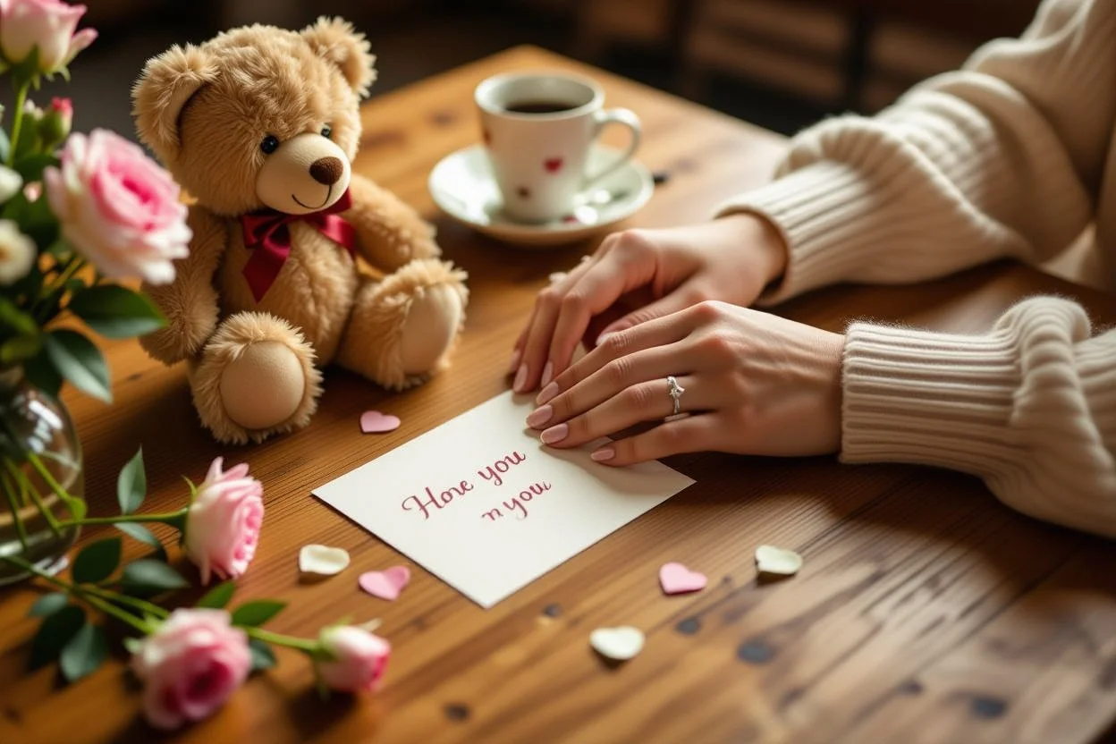 Couple holding hands with romantic gifts teddy bear and flowers showing daily love gestures