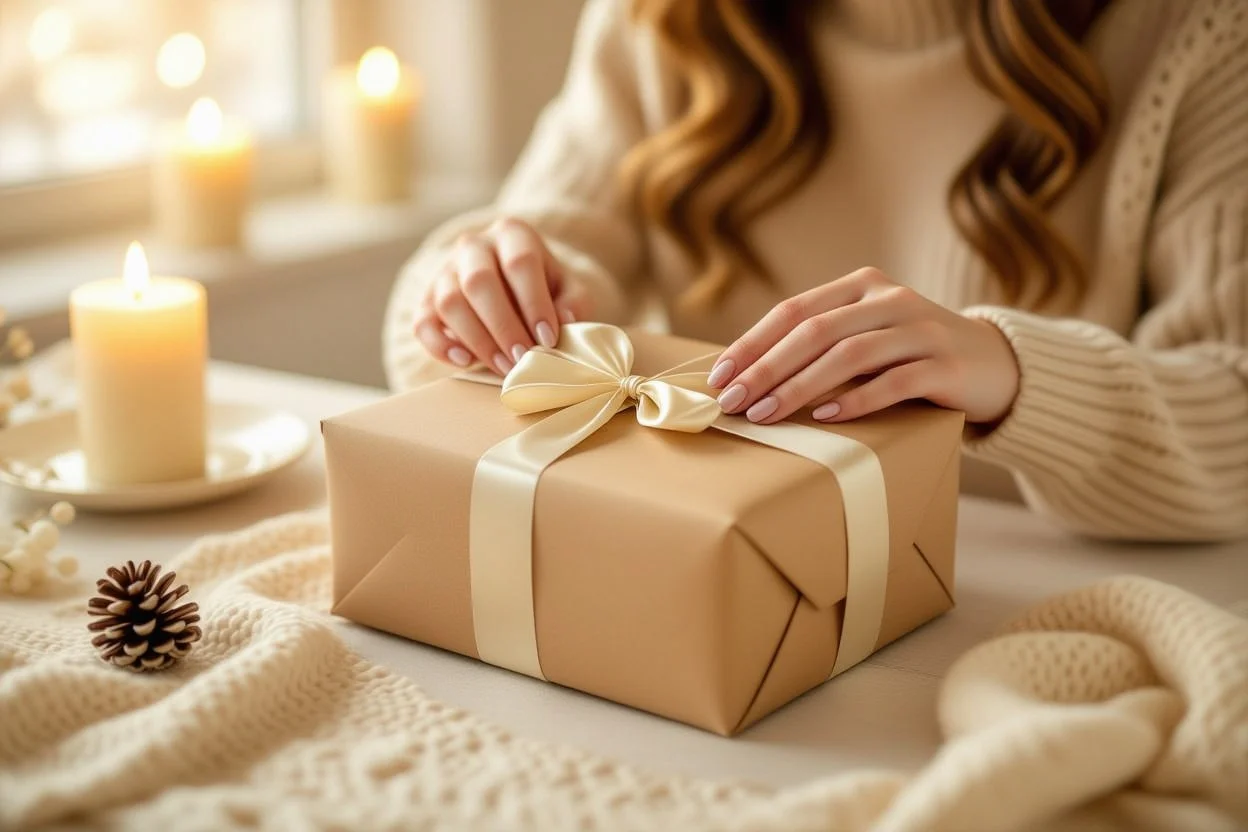 Romantic gift package being unwrapped - surprise delivery moment for special occasion