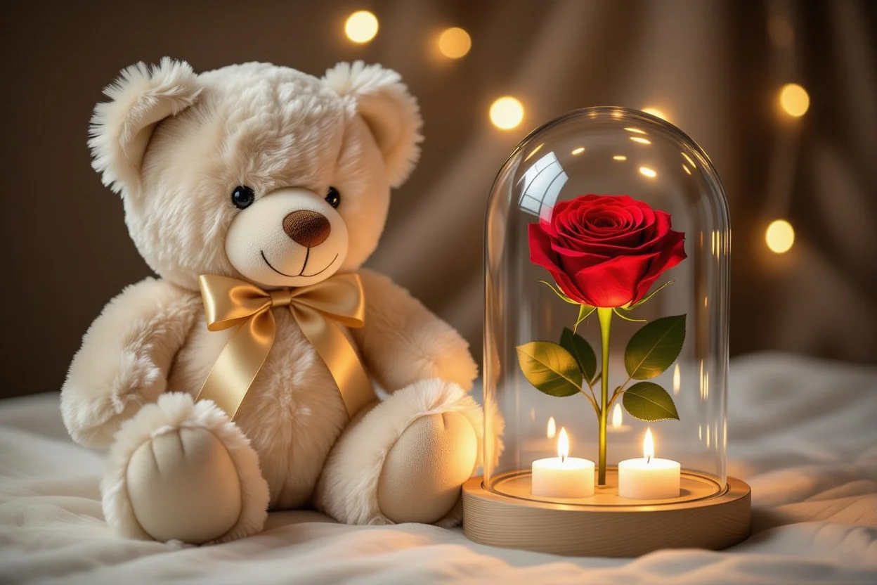 Luxury teddy bear with preserved rose in glass dome - romantic surprise gift