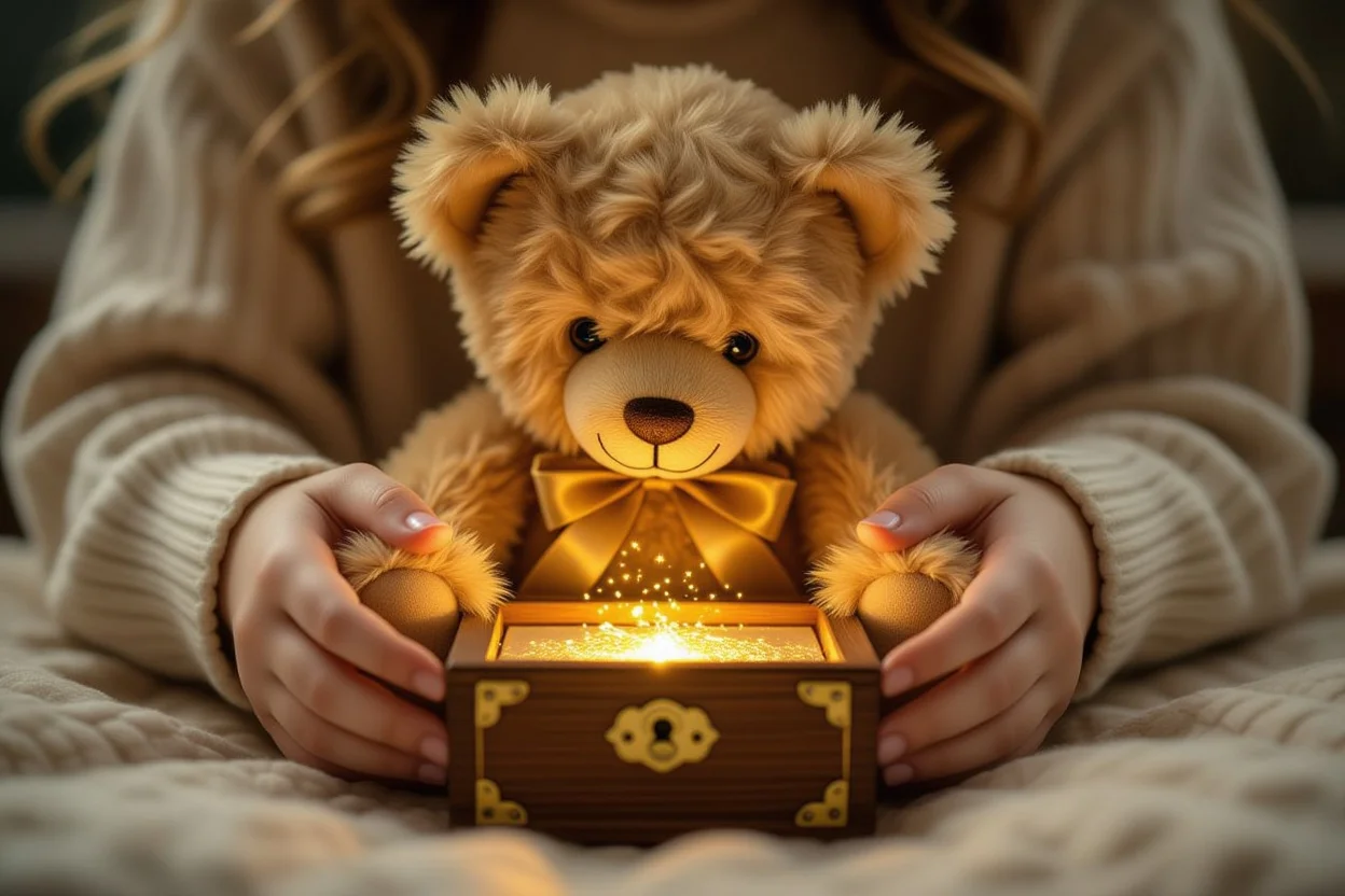 Hidden compartment opening in teddy bear revealing secret surprise - romantic gift mechanism