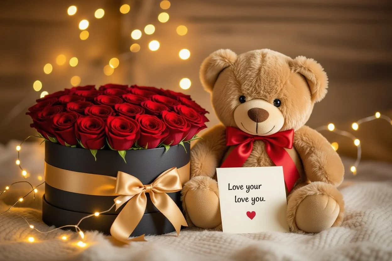 Romantic teddy bear gift with preserved roses and love note for girlfriend birthday surprise