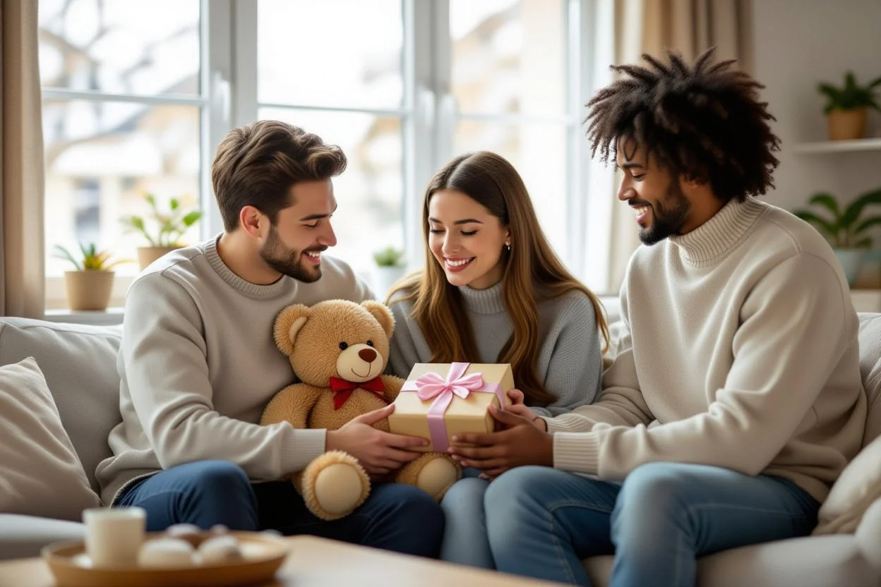 Couple sharing emotional moment with romantic teddy bear surprise gift for relationship healing