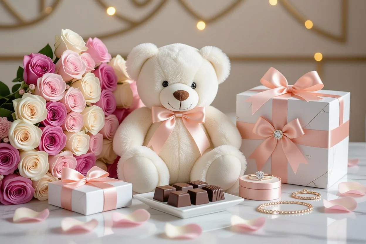 Luxury romantic gifts collection featuring teddy bear and preserved flowers for Valentine's Day