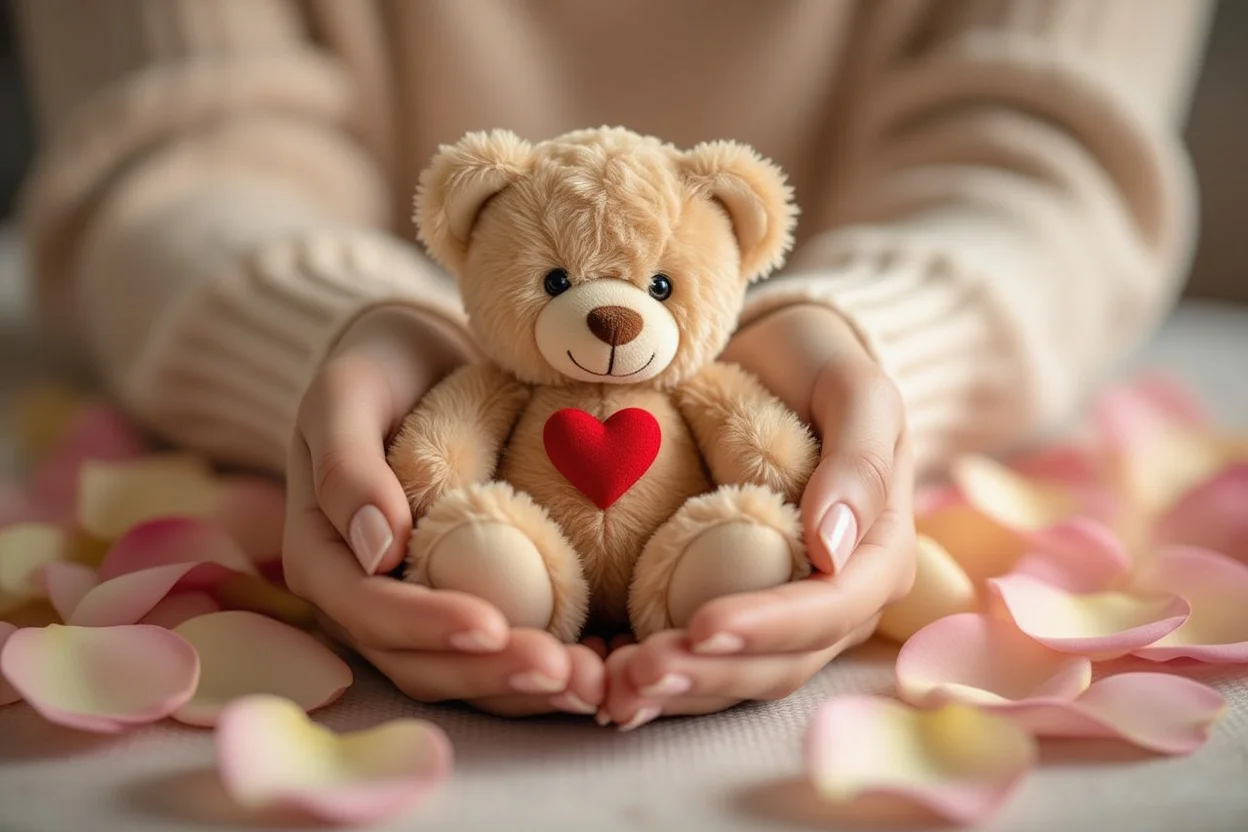 Hands holding romantic teddy bear gift with heart and rose petals for girlfriend apology present