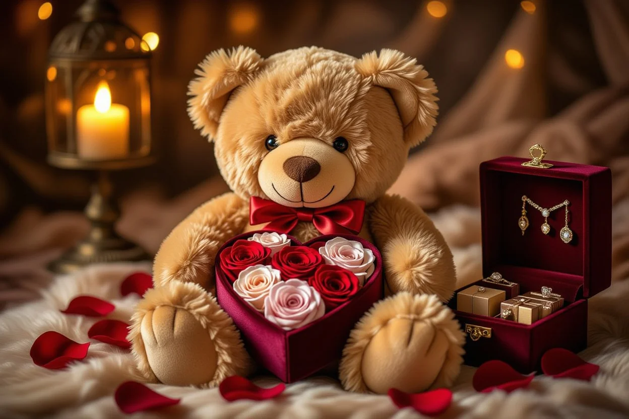 Teddy bear with hidden compartment revealing preserved roses and romantic gifts inside
