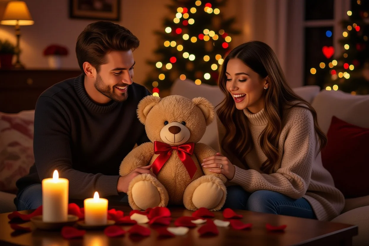 Romantic gift-giving moment with man presenting special teddy bear to surprised woman