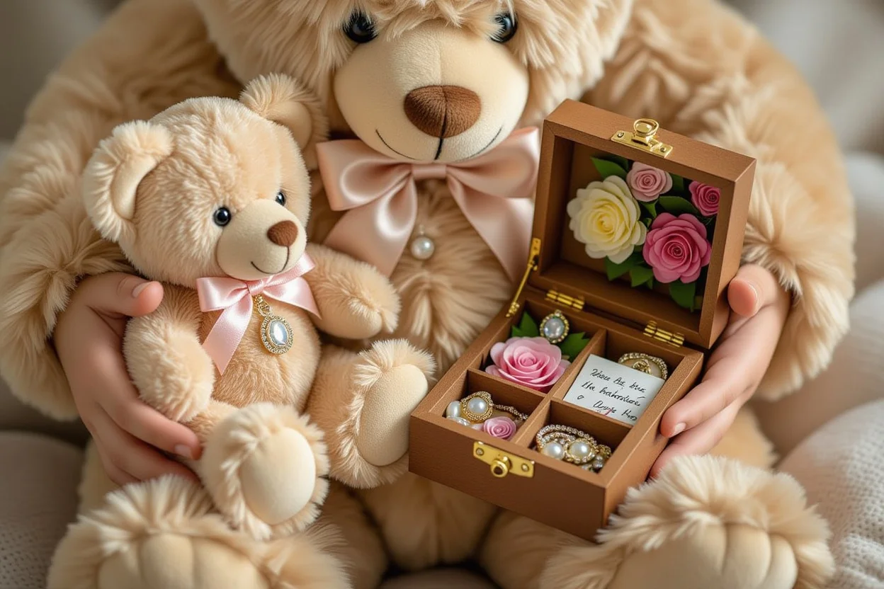 Hands discovering multiple hidden compartments and romantic surprises inside teddy bear