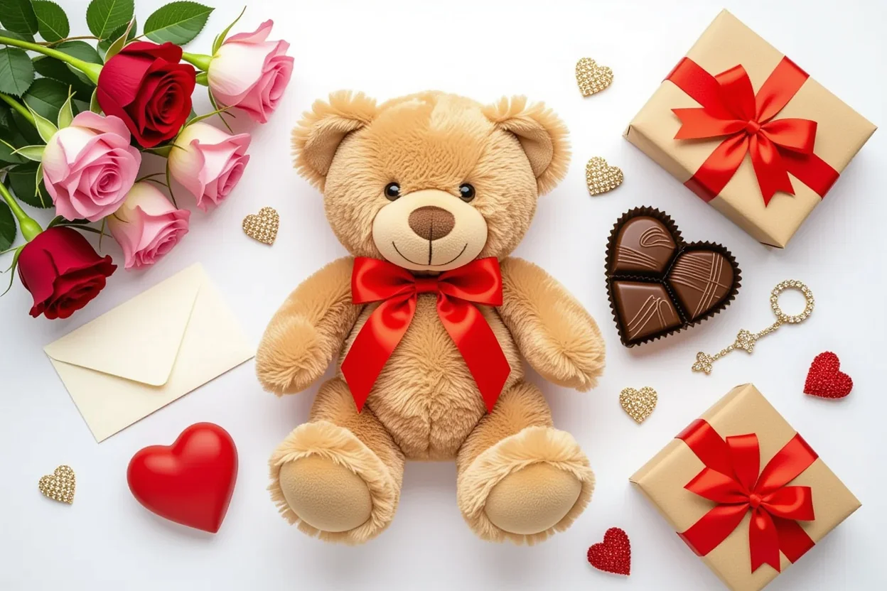 Valentine's Day flat lay with teddy bear and romantic gifts arrangement for her