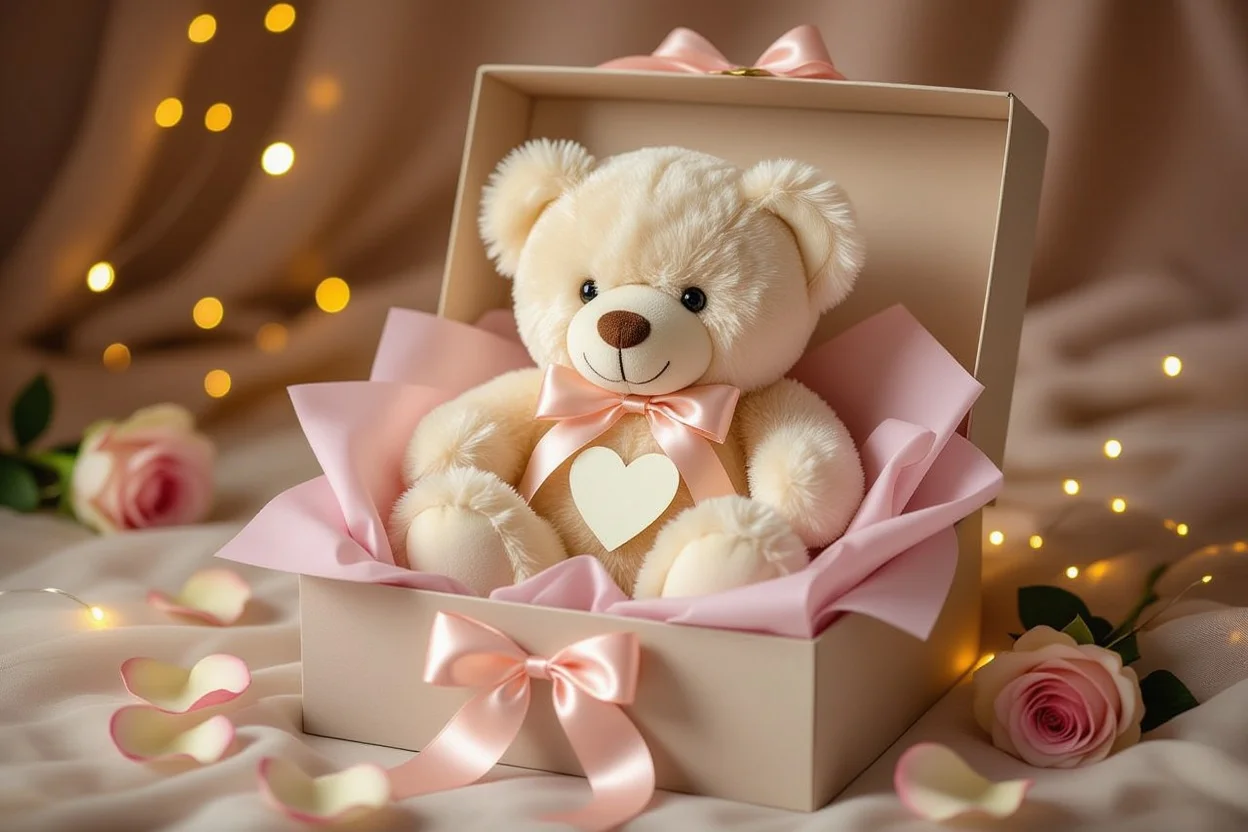 Romantic teddy bear gift with preserved roses in elegant gift box for Valentine's Day