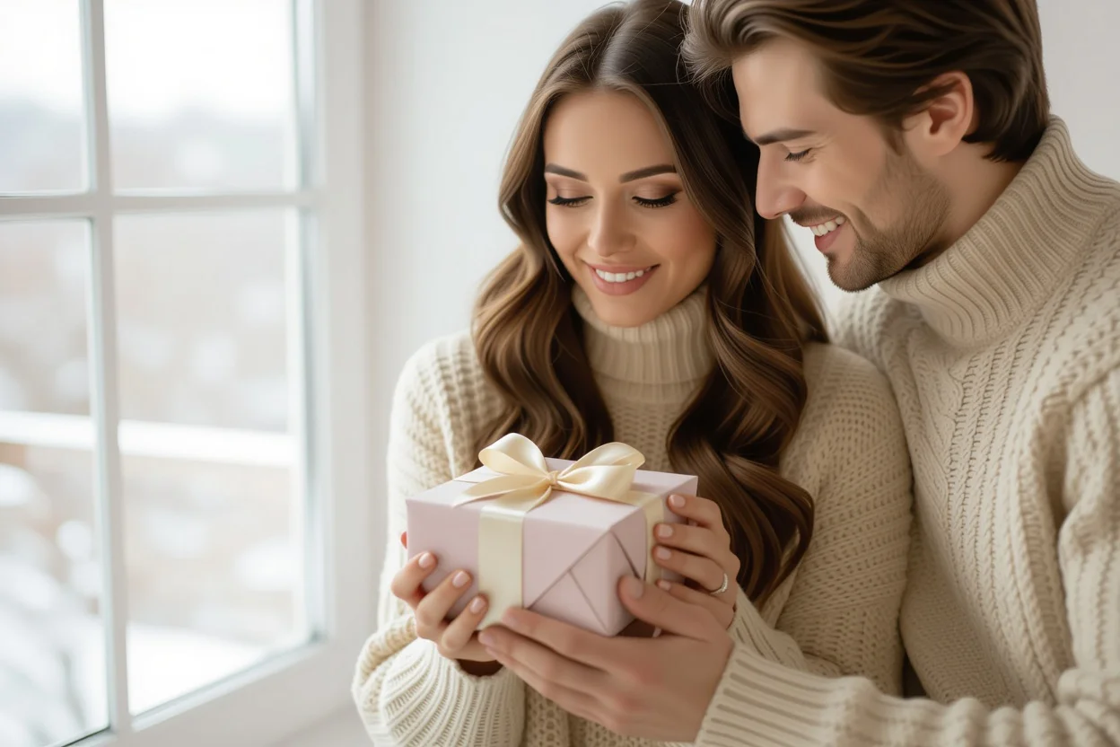 Couple sharing romantic gift moment showing love and reconciliation