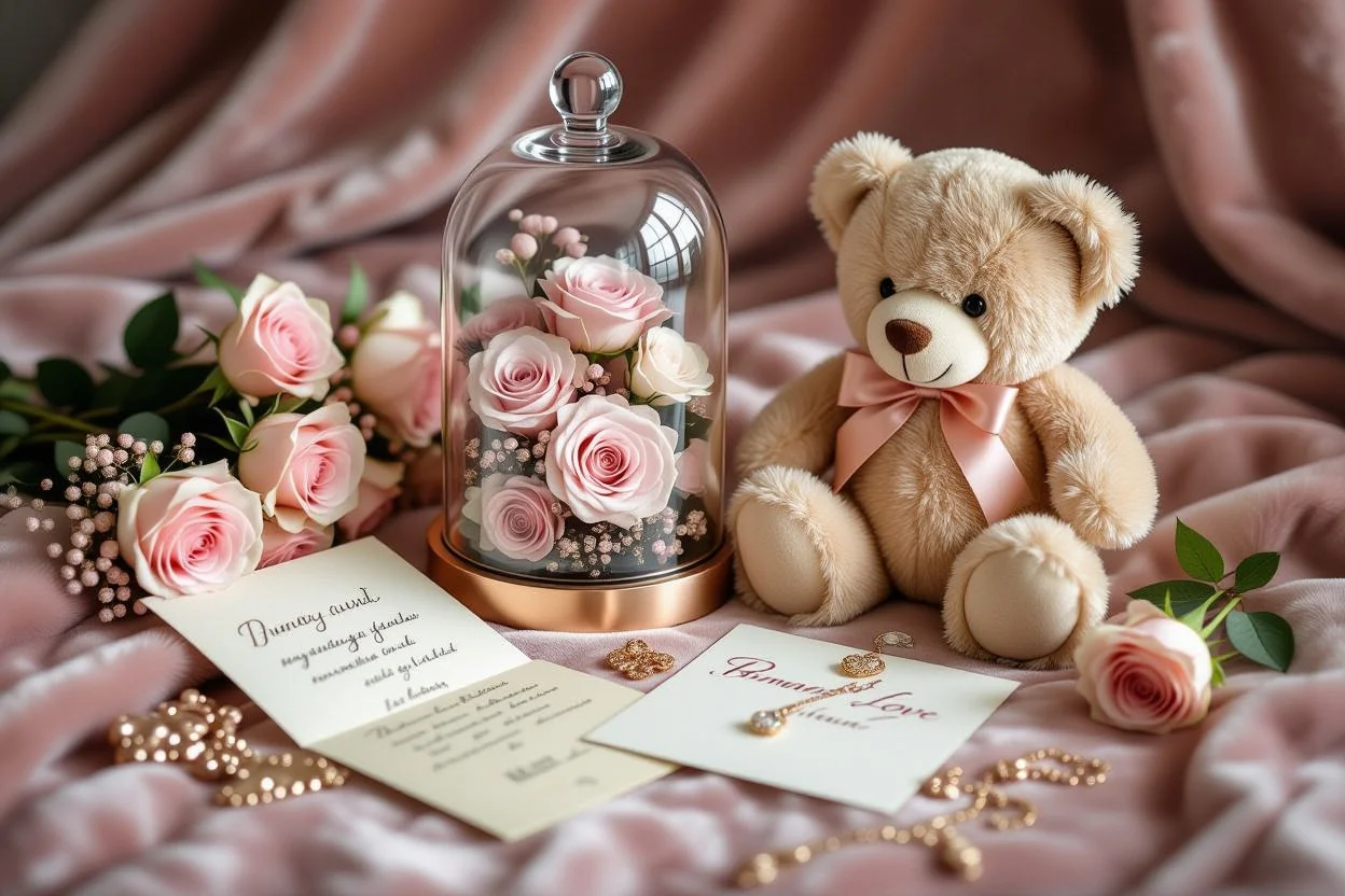 Romantic gift collection flat lay featuring teddy bear and preserved flowers for her