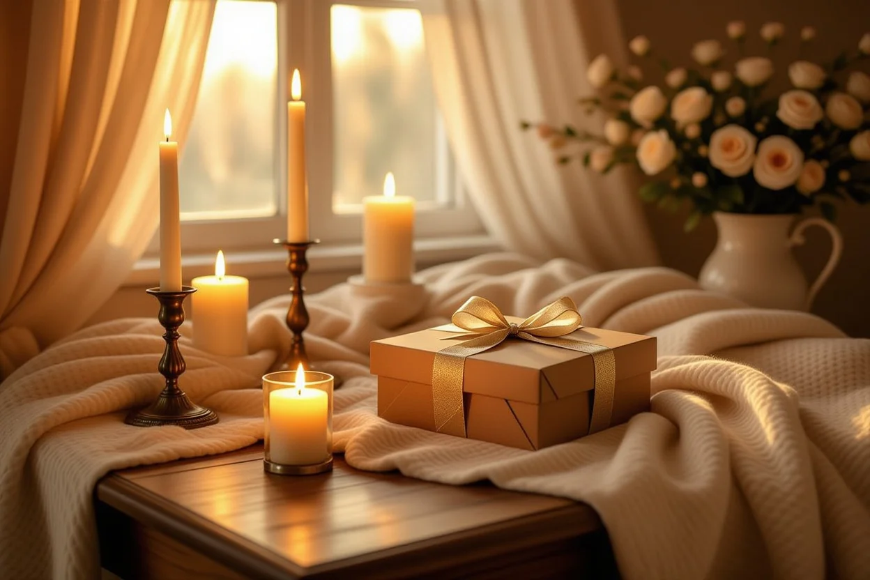 Romantic surprise gift setup with candles and intimate lighting for lasting love