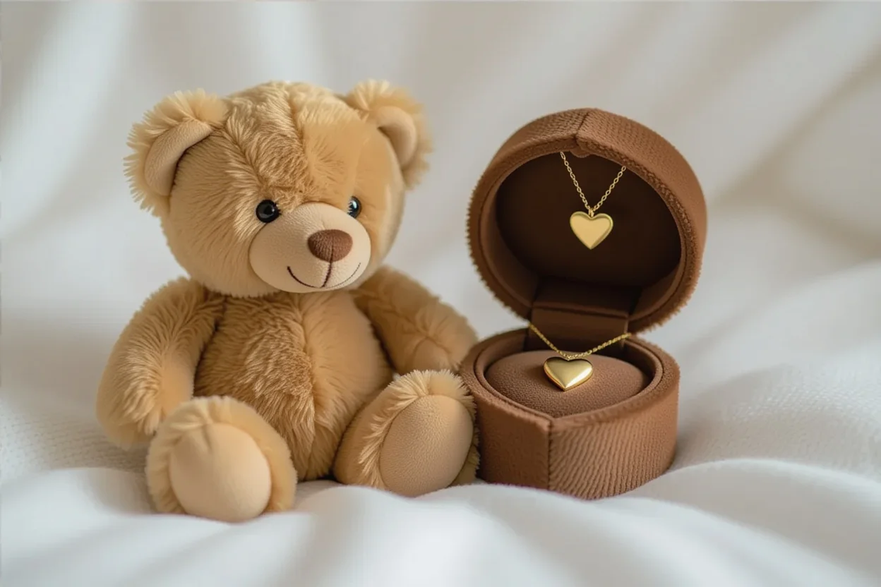 Teddy bear with hidden necklace compartment showing romantic heart pendant surprise gift