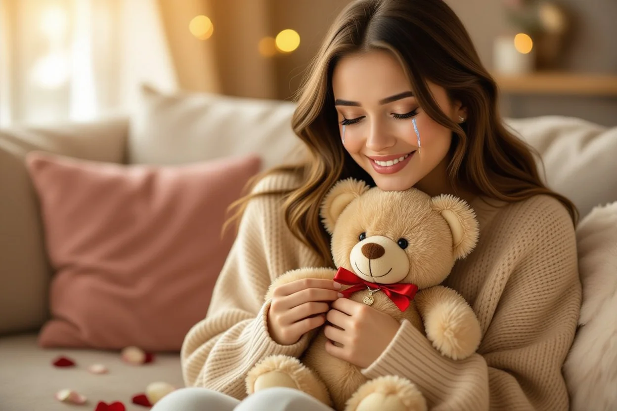 Woman crying happy tears while discovering hidden necklace surprise in teddy bear romantic gift