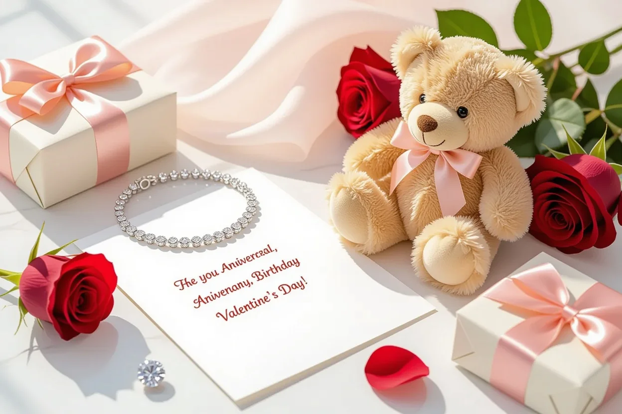 Romantic gift flat lay with teddy bear, necklace, roses and love letter for Valentine's Day