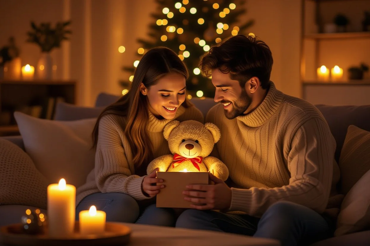 Couple sharing romantic moment as woman opens teddy bear with hidden necklace surprise gift