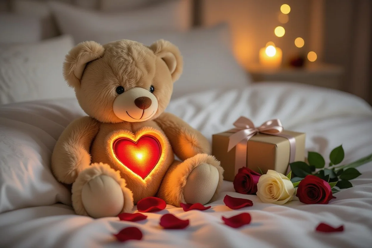 Romantic teddy bear with hidden heart compartment surrounded by rose petals - perfect Valentine's Day surprise gift