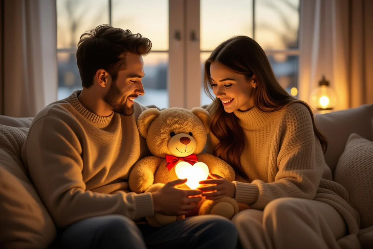 Couple sharing romantic moment with surprise teddy bear gift - relationship reconciliation and love