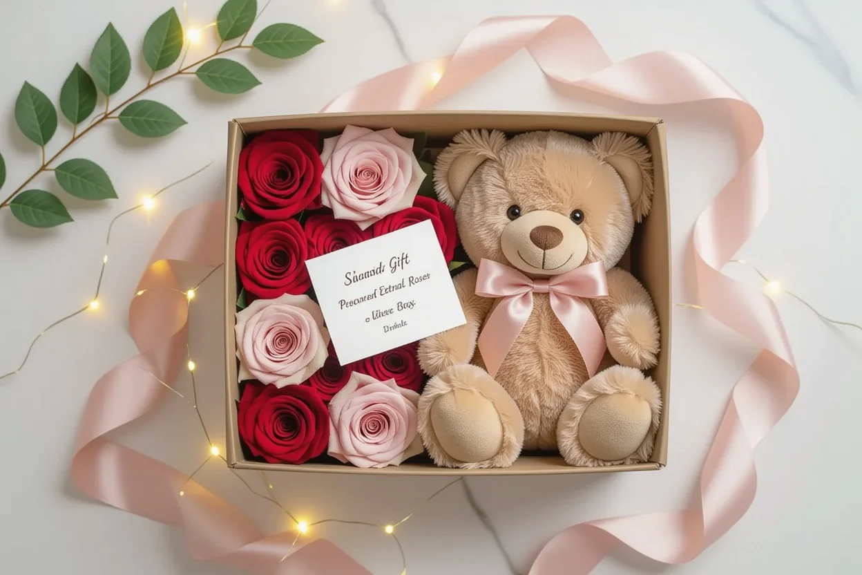 Luxury romantic gift set with teddy bear and preserved roses - ultimate Valentine's Day gift guide