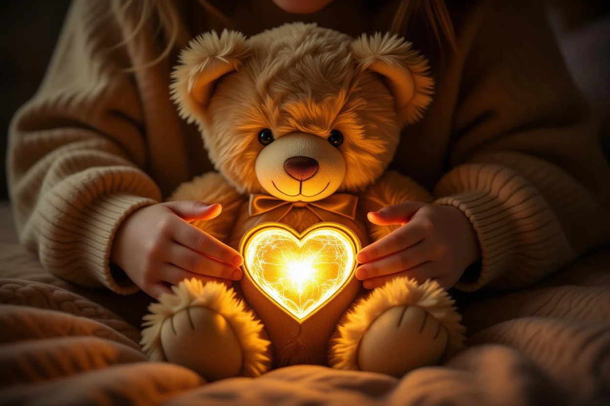 Hands revealing hidden heart inside romantic teddy bear gift - surprise romantic gesture and love symbol