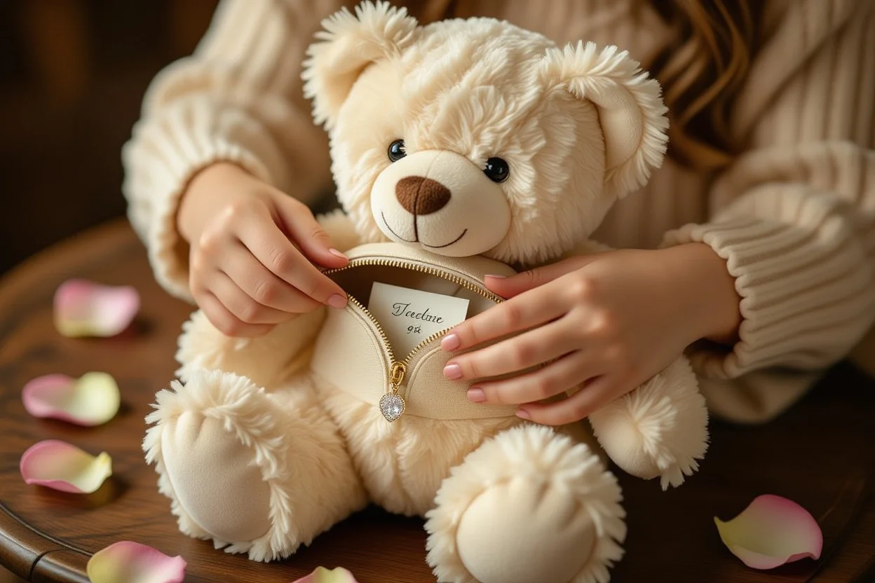 Woman opening hidden compartment in teddy bear revealing romantic surprise gift inside