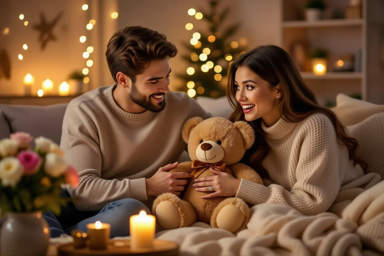 Couple exchanging teddy bear gift in romantic candlelit setting for Valentine's Day